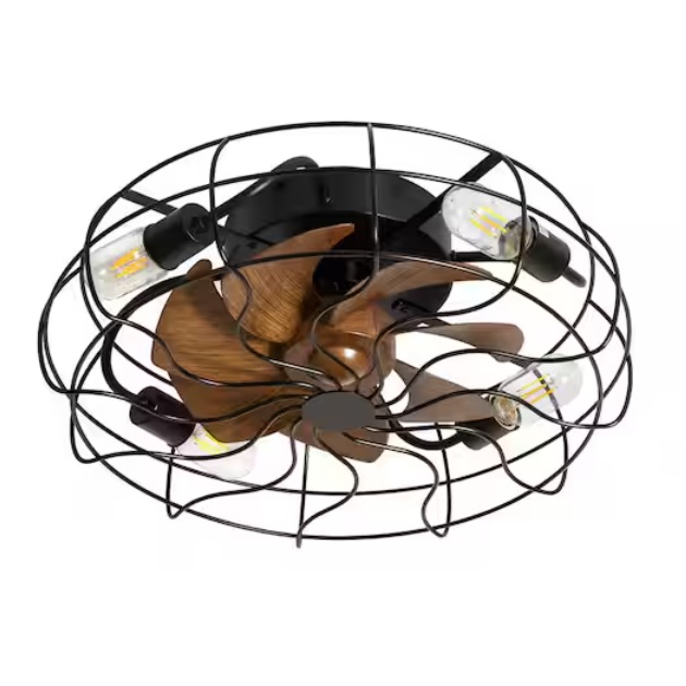 A ceiling fan with a circular metal cage featuring wooden blades and four exposed light bulbs.