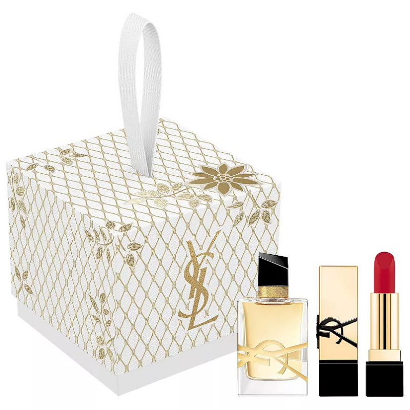 YSL Deluxe Lip & Perfume Set includes a gold and white gift box, a red lipstick in an elegant gold casing, and a perfume bottle with a black and gold cap.