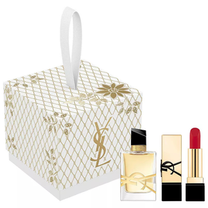 YSL Deluxe Lip & Perfume Set includes a gold and white gift box, a red lipstick in an elegant gold casing, and a perfume bottle with a black and gold cap.