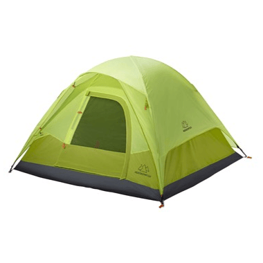 A lime green, dome-shaped camping tent designed for outdoor use, featuring a single door and rainfly for added weather protection.