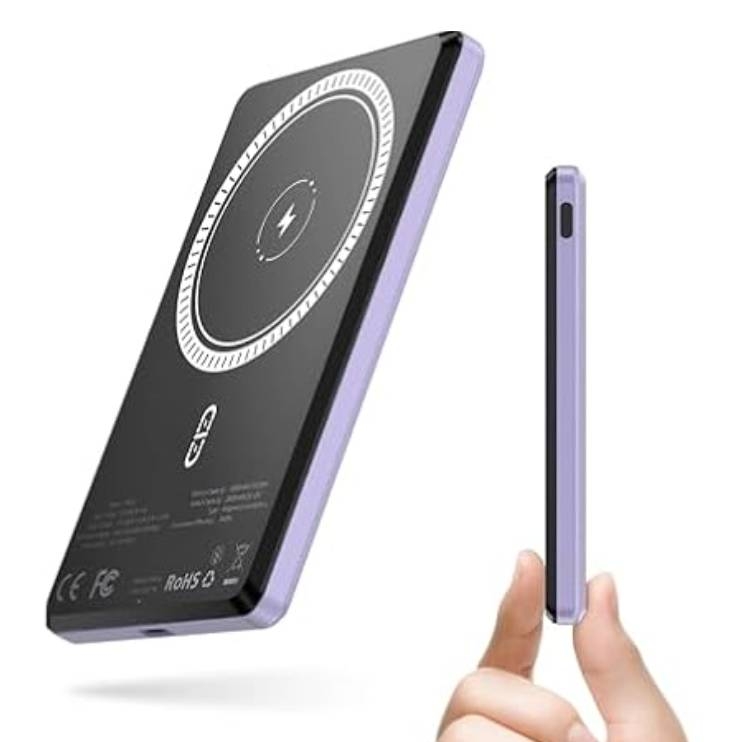 A slim, purple-edged magnetic power bank designed for wireless charging, featuring a central lightning bolt symbol and circular magnet pattern.