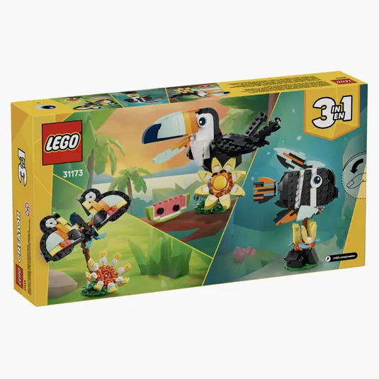 LEGO Creator 3-in-1 set 31173 features a toucan, butterfly, and fish.