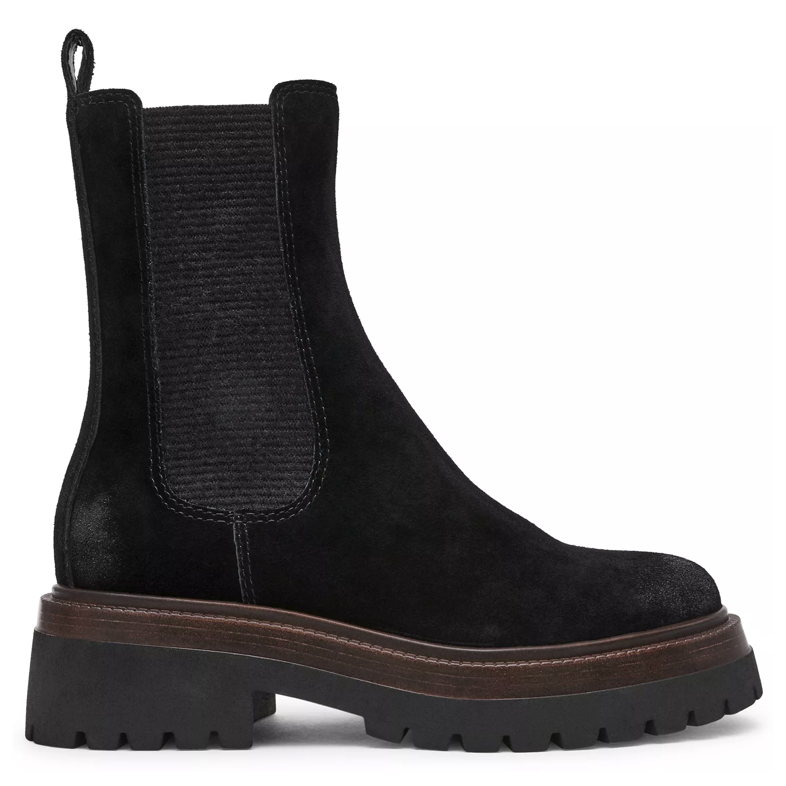 A black suede Chelsea boot with a thick sole and ribbed elastic side panels for easy slip-on access.