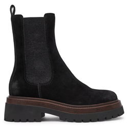 A black suede Chelsea boot with a thick sole and ribbed elastic side panels for easy slip-on access.