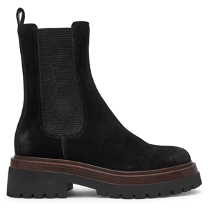 A black suede Chelsea boot with a thick sole and ribbed elastic side panels for easy slip-on access.