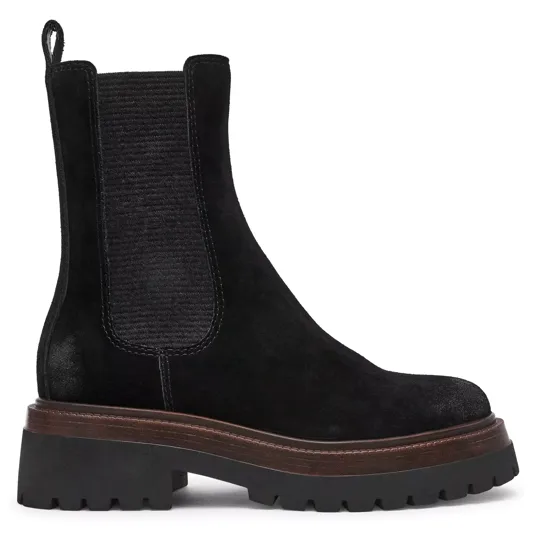 A black suede Chelsea boot with a thick sole and ribbed elastic side panels for easy slip-on access.