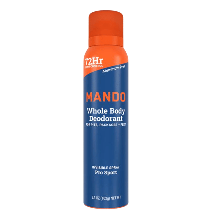 Mando Whole Body Deodorant offers 72-hour odor control, is aluminum-free, and designed for pits, packages, and feet. The invisible spray is labeled as \“Pro Sport,\“ and the container holds 3.6 oz (102g).
