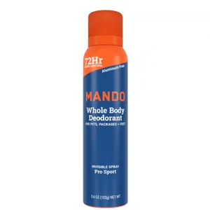 Mando Whole Body Deodorant offers 72-hour odor control, is aluminum-free, and designed for pits, packages, and feet. The invisible spray is labeled as \“Pro Sport,\“ and the container holds 3.6 oz (102g).