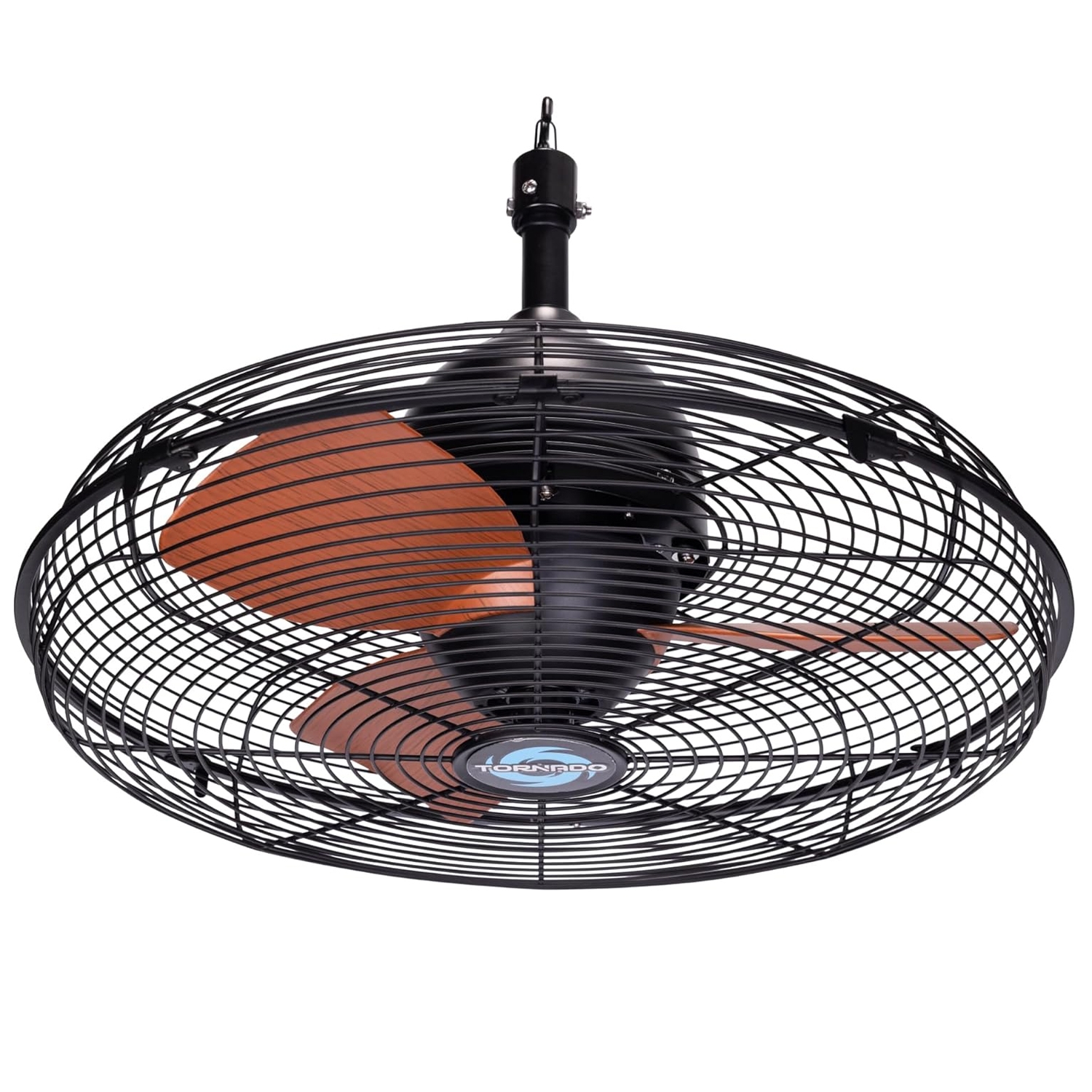 A ceiling-mounted industrial fan with a black cage and three brown blades, featuring a central circular logo.