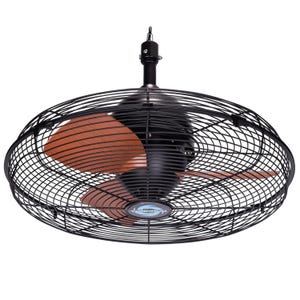 A ceiling-mounted industrial fan with a black cage and three brown blades, featuring a central circular logo.