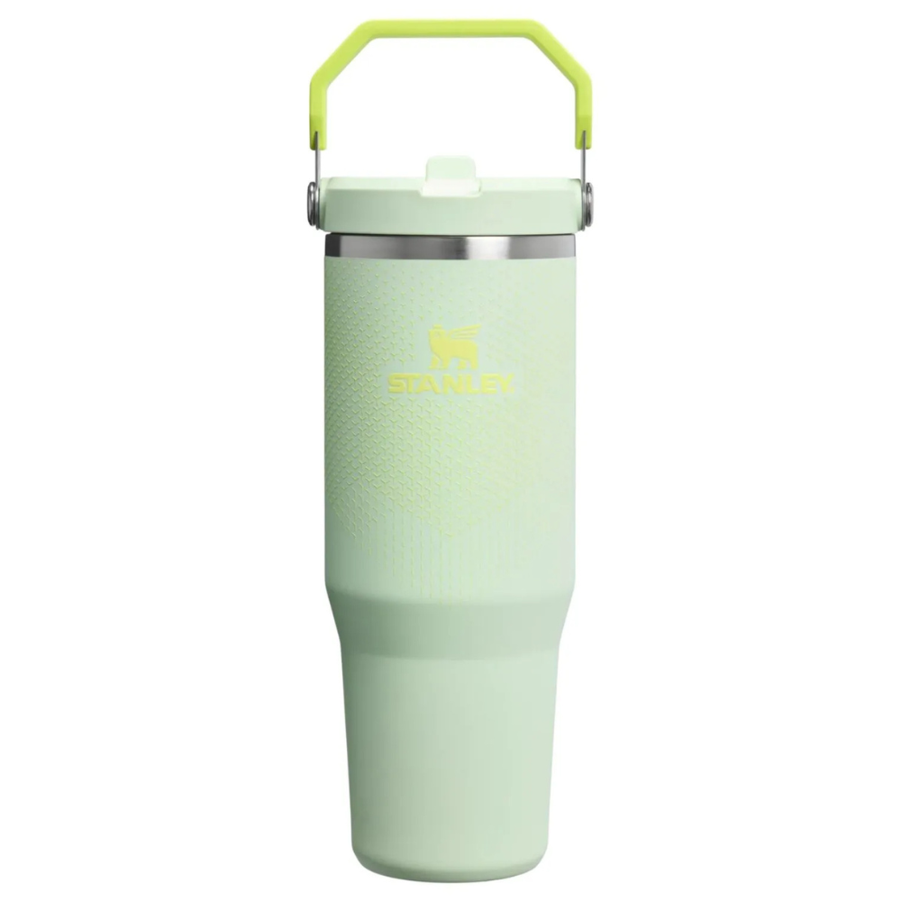 A mint green Stanley insulated travel mug with a handle, featuring a textured surface and a secure lid.