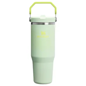 A mint green Stanley insulated travel mug with a handle, featuring a textured surface and a secure lid.