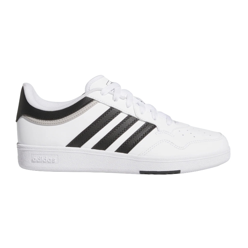 Adidas Hoops 4.0 Shoes, white with black stripes and details, featuring a low-top design, lace-up closure, and a rubber sole for casual wear.