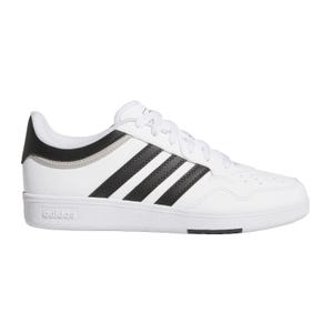 Adidas Hoops 4.0 Shoes, white with black stripes and details, featuring a low-top design, lace-up closure, and a rubber sole for casual wear.