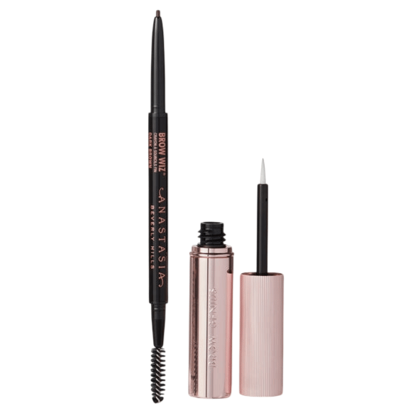 An eyebrow pencil with a spoolie and a brow gel in rose gold packaging from Anastasia Beverly Hills.