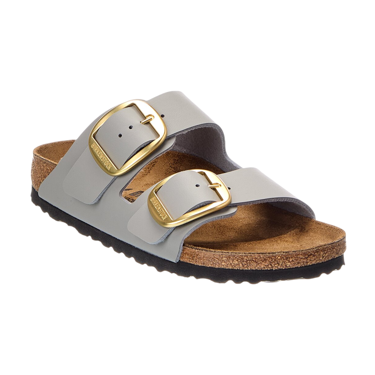 A gray sandal with two adjustable gold buckles, a cork footbed, and a black sole.