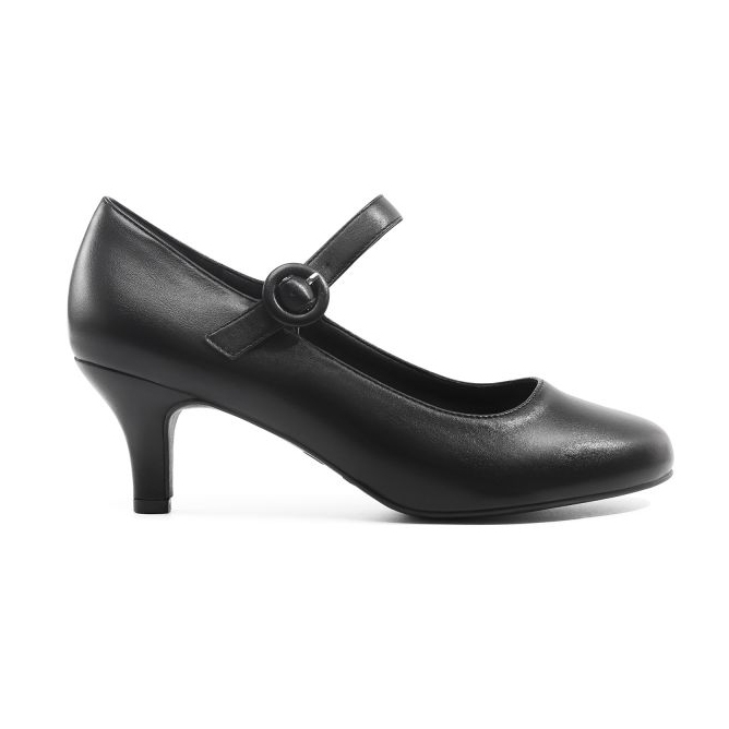 Black leather Mary Jane style shoe with a strap over the instep and a medium-height heel.