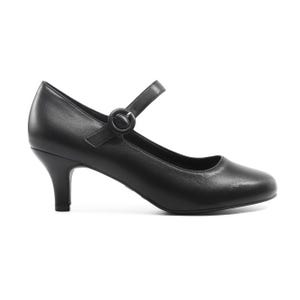 Black leather Mary Jane style shoe with a strap over the instep and a medium-height heel.