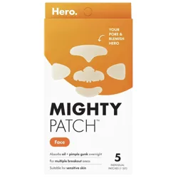 Mighty Patch Face by Hero is designed to absorb oil and pimple gunk overnight on multiple breakout areas, suitable for sensitive skin. The set includes five individual patches.