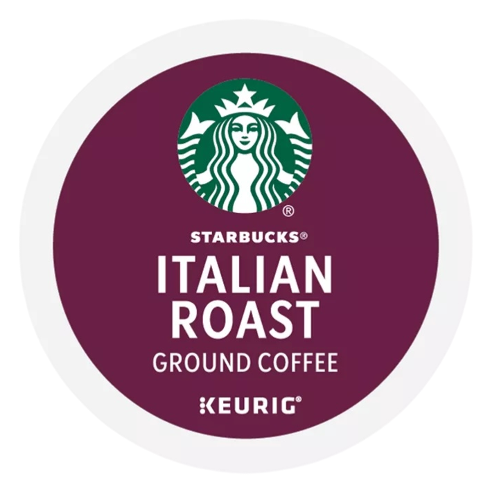 Starbucks Italian Roast Ground Coffee K-Cup for Keurig machines, featuring the iconic green logo on a maroon background.