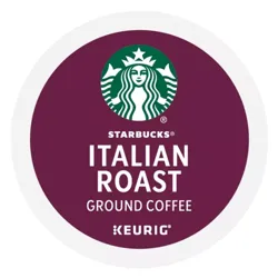 Starbucks Italian Roast Ground Coffee K-Cup for Keurig machines, featuring the iconic green logo on a maroon background.