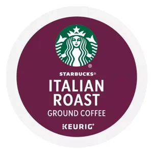 Starbucks Italian Roast Ground Coffee K-Cup for Keurig machines, featuring the iconic green logo on a maroon background.
