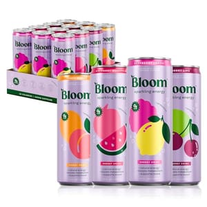 Bloom sparkling energy drinks with natural caffeine in flavors: peach mango, strawberry watermelon, raspberry lemon, and cherry lime. Comes in a 12-pack.