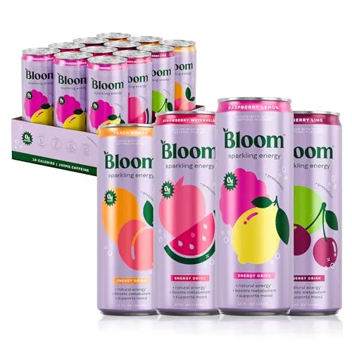 Bloom sparkling energy drinks with natural caffeine in flavors: peach mango, strawberry watermelon, raspberry lemon, and cherry lime. Comes in a 12-pack.
