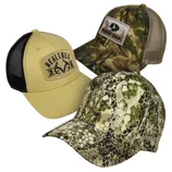 Three camouflage-themed baseball caps featuring brands: Realtree (tan with a black mesh back), Mossy Oak (multicolor camo), and a digital camo pattern cap with an unidentified logo.