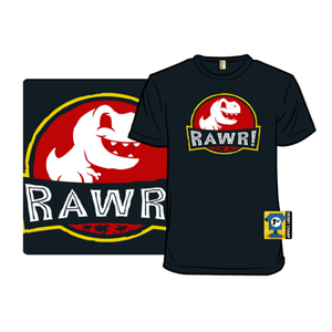 A black T-shirt features a cartoon dinosaur in a red and yellow circle with the word \“RAWR!\“ prominently displayed underneath.