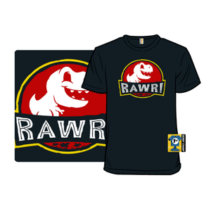 A black T-shirt features a cartoon dinosaur in a red and yellow circle with the word \“RAWR!\“ prominently displayed underneath.