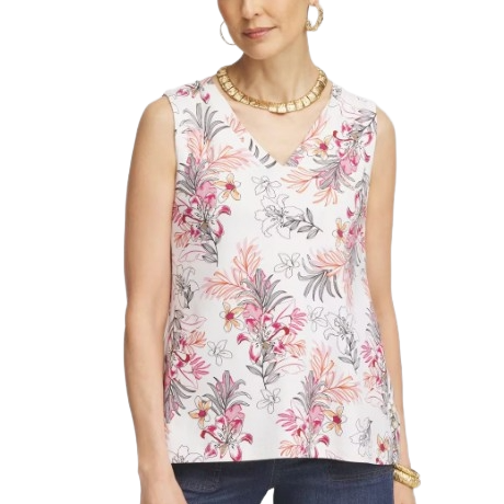 Sleeveless V-neck floral blouse featuring pink, orange, and gray flower patterns, paired with blue jeans.