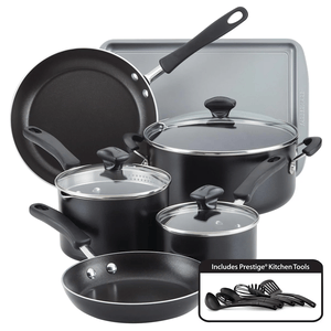 15pc Farberware Nonstick Cookware Set includes various pots and pans with glass lids, a baking sheet, and Prestige® kitchen tools. The set features nonstick surfaces and black handles for easy use and cleaning.