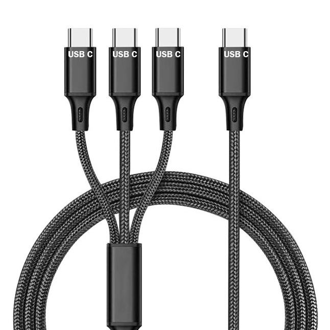 A 3-in-1 USB-C splitter cable features a braided design with three USB-C connectors on one end and one on the other, allowing multiple USB-C devices to be connected simultaneously for charging or data transfer.