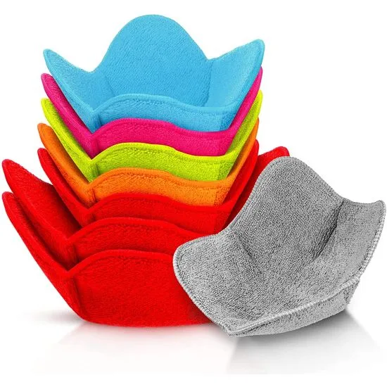 Stack of colorful, soft fabric microwave bowl holders in blue, pink, green, orange, red, and gray. Designed to hold bowls, protecting hands from heat.