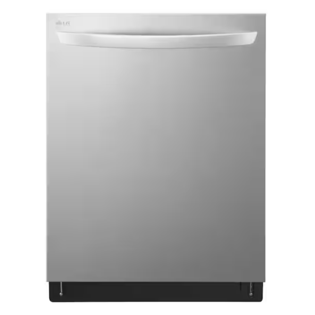 Stainless steel dishwasher with a sleek handle design, likely from LG.