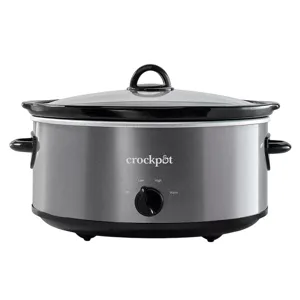 A silver Crock-Pot slow cooker with a black lid and side handles, featuring a control knob with settings for off, low, high, and warm.