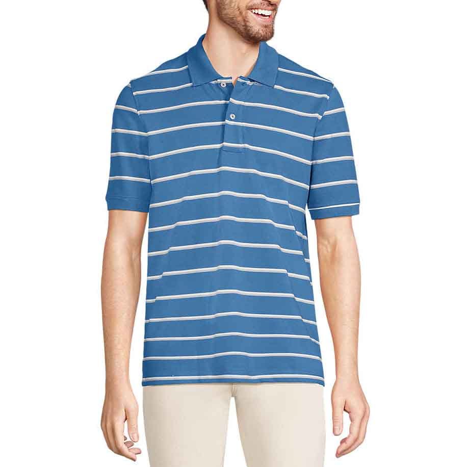 A blue polo shirt with white horizontal stripes, featuring a collar and a buttoned placket, paired with light-colored pants, worn by a male model.