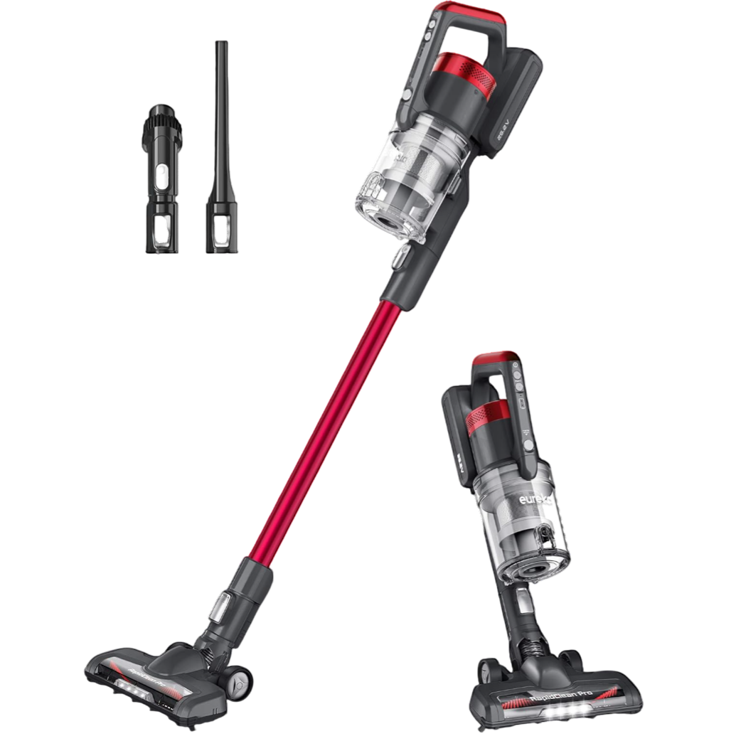 Cordless stick vacuum cleaner with a red and black design, featuring a detachable handheld unit and two accessory attachments for versatile cleaning.