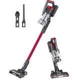 Cordless stick vacuum cleaner with a red and black design, featuring a detachable handheld unit and two accessory attachments for versatile cleaning.