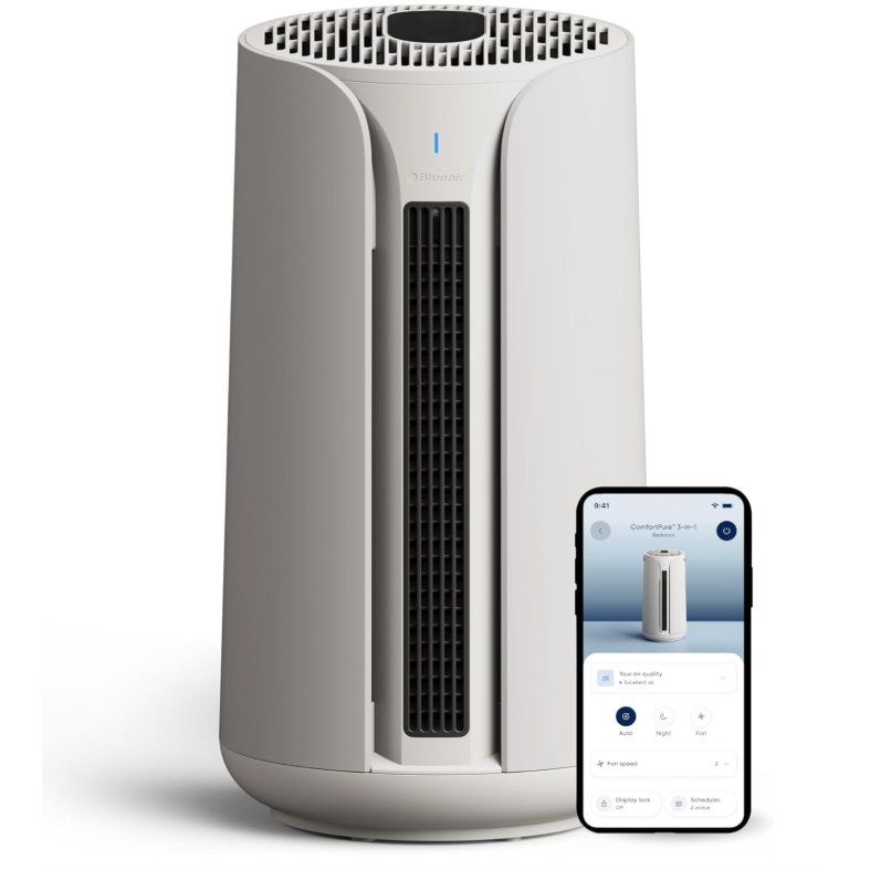 A Blueair air purifier with a sleek, cylindrical design is shown alongside a smartphone displaying its control interface.