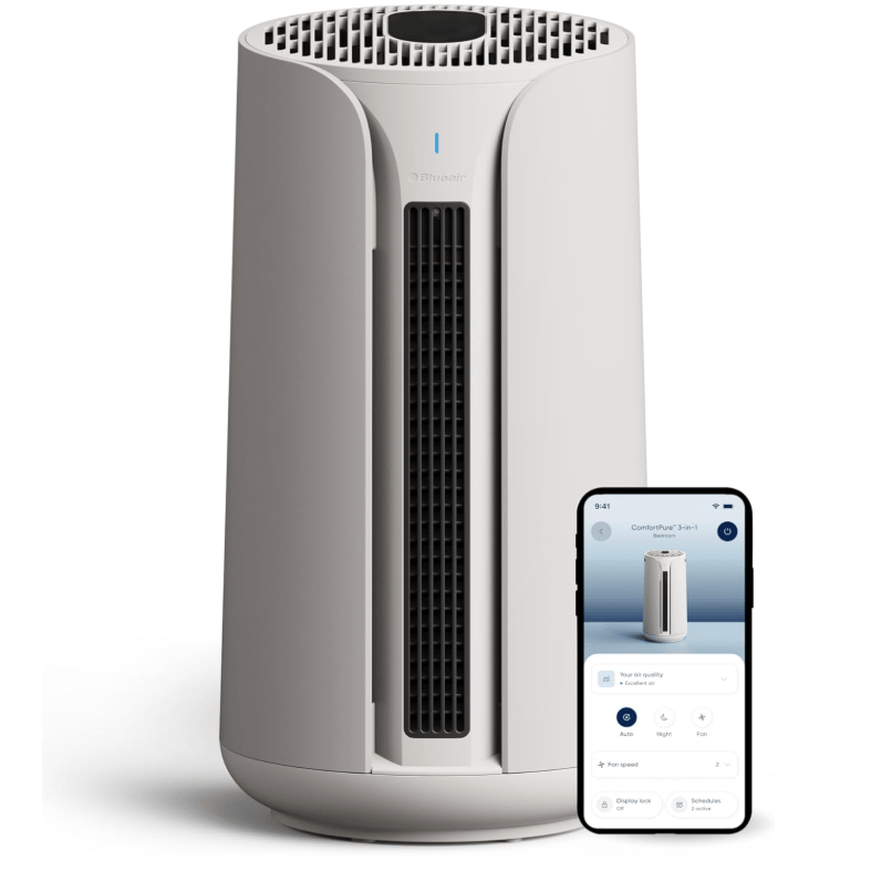 A Blueair air purifier with a sleek, cylindrical design is shown alongside a smartphone displaying its control interface.
