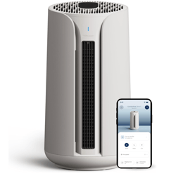 A Blueair air purifier with a sleek, cylindrical design is shown alongside a smartphone displaying its control interface.