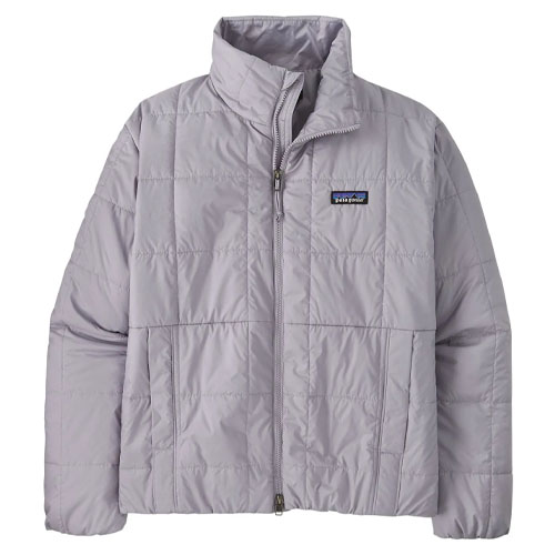 A light gray, quilted jacket with a stand-up collar and front zipper.
