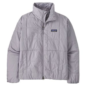 A light gray, quilted jacket with a stand-up collar and front zipper.