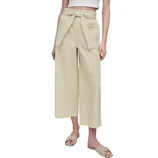 Beige paperbag waist cropped pants with a tie belt, paired with a white crop top and beige slip-on sandals.