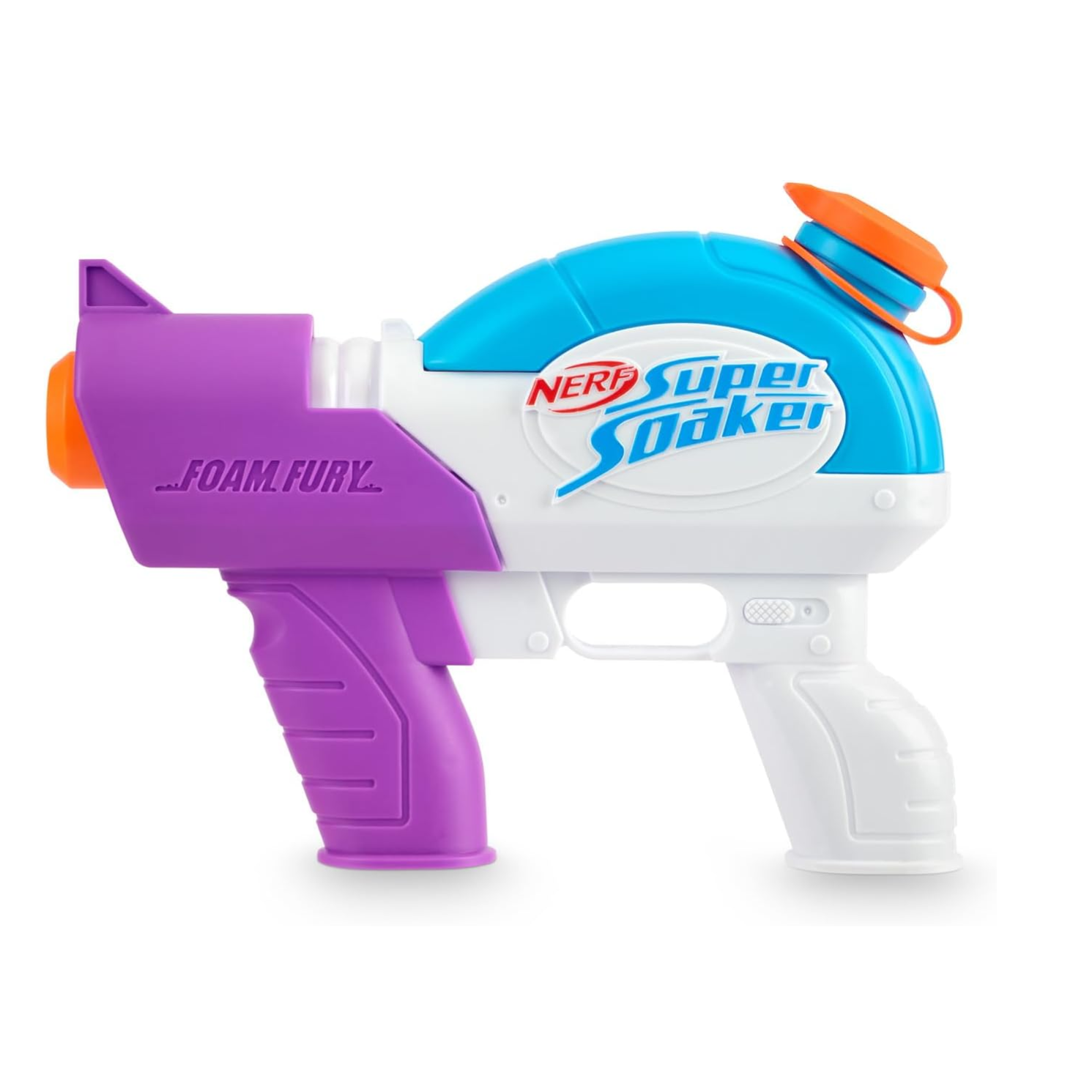 Nerf Super Soaker Foam Fury water blaster with a purple body, blue tank, and orange cap, designed for outdoor water play.