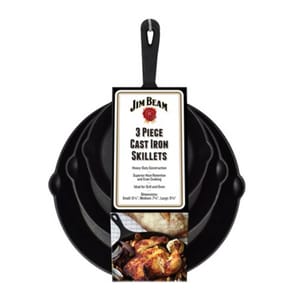 Jim Beam 3 Piece Cast Iron Skillet Set includes heavy-duty skillets with dimensions: Small 6.5\“, Medium 7.5\“, Large 9.5\“. Designed for superior heat retention, even cooking, and is ideal for grill and oven use.
