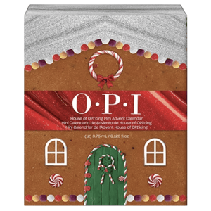 OPI House of OP’ing Mini Advent Calendar includes 12 mini nail lacquers, each 3.75 ml (0.125 fl. oz). The box design is gingerbread-themed with candy decorations.