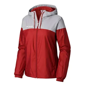 Columbia red and gray hooded jacket with a full zip front and elasticated cuffs.